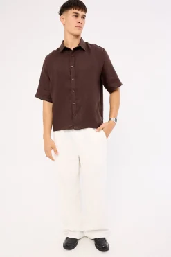 Oasis Boxy Cropped Linen Shirt Dark Brown