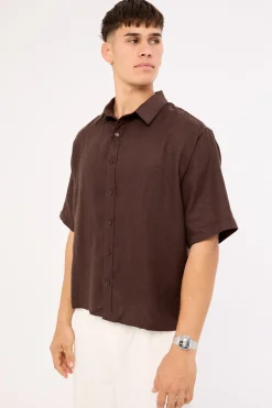 Oasis Boxy Cropped Linen Shirt Dark Brown