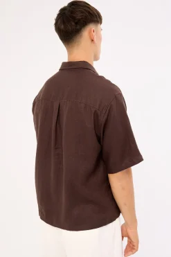 Oasis Boxy Cropped Linen Shirt Dark Brown