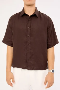 Oasis Boxy Cropped Linen Shirt Dark Brown