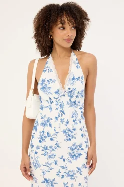 Oia Bloom Midi Dress White Blue Floral