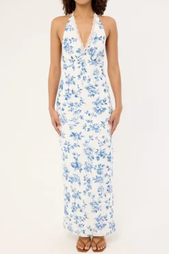 Oia Bloom Midi Dress White Blue Floral