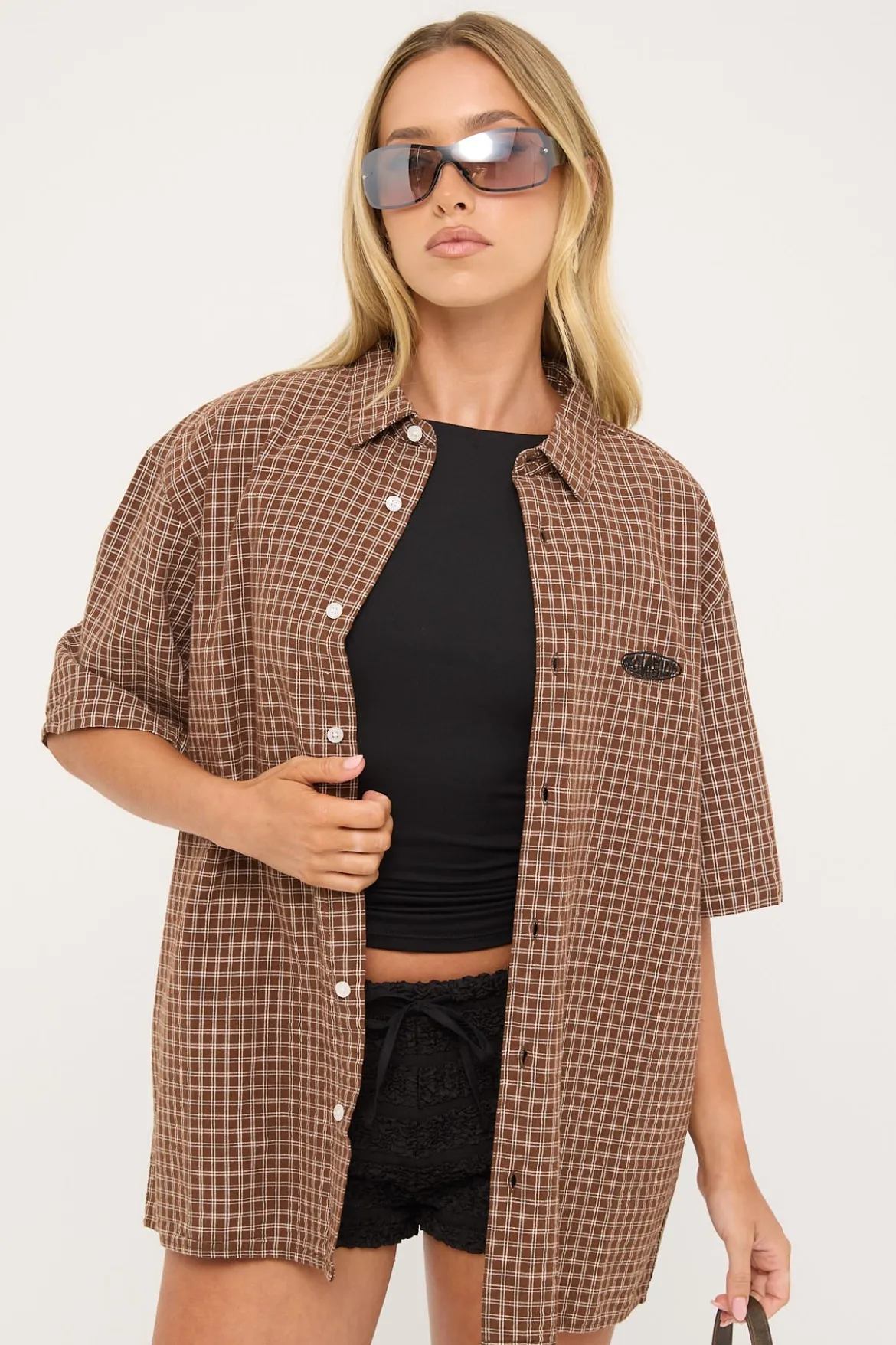 On Lock Oversize Shirt Brown Check