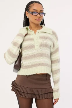 Orla Button Collar Knit Jumper Mint Stripe
