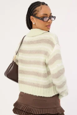 Orla Button Collar Knit Jumper Mint Stripe