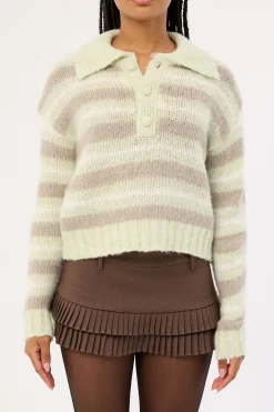 Orla Button Collar Knit Jumper Mint Stripe