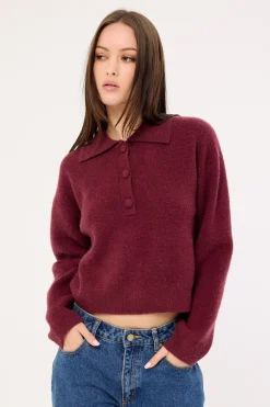 Orla Button Collar Knit Jumper Plum