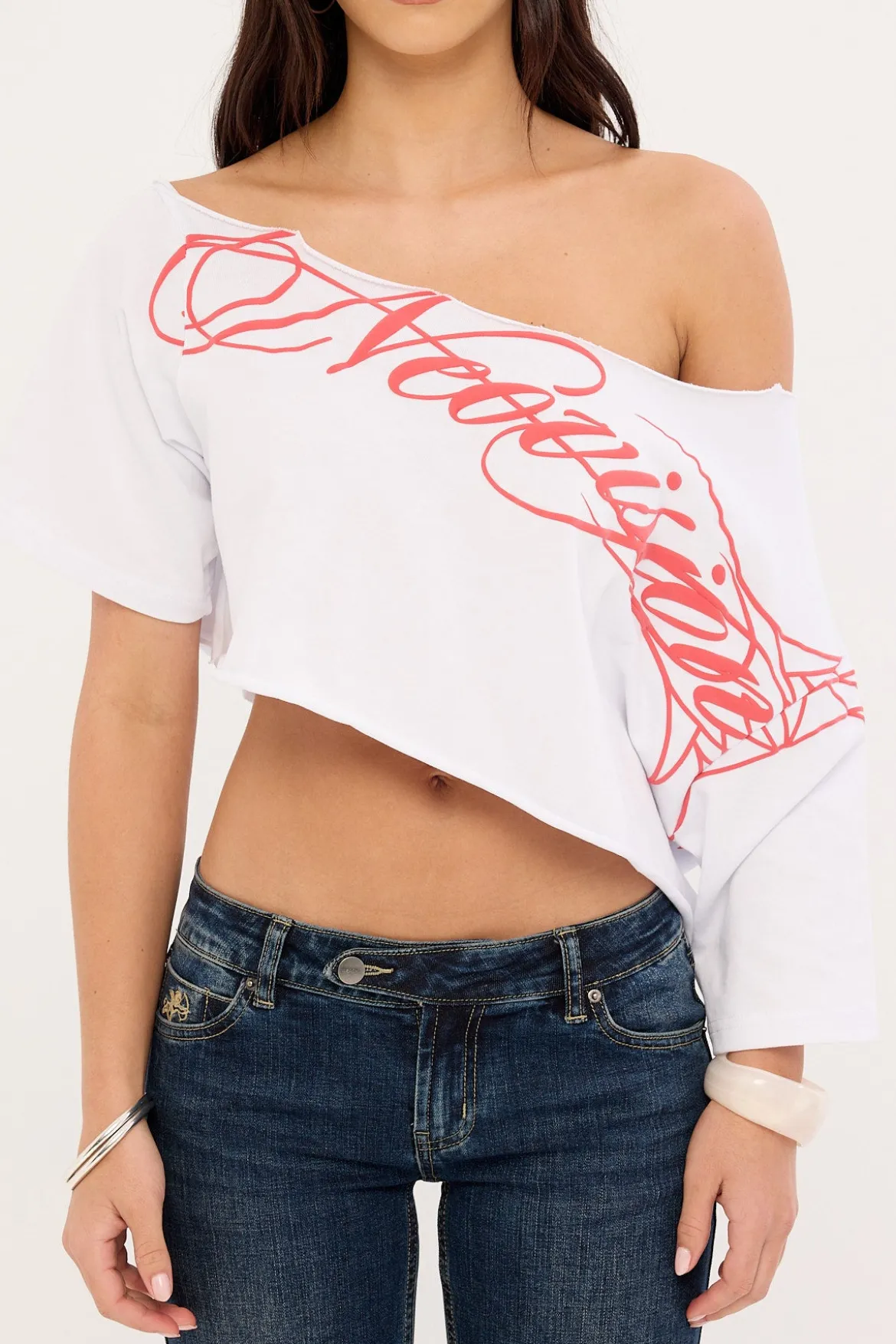 Outline Crop Off Shoulder Tee White