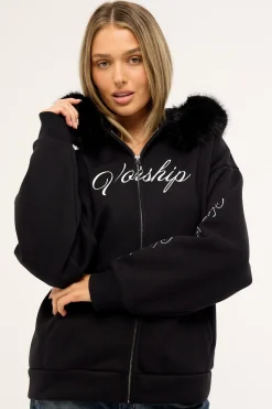 Padlock Zip Front Hood Black Fur