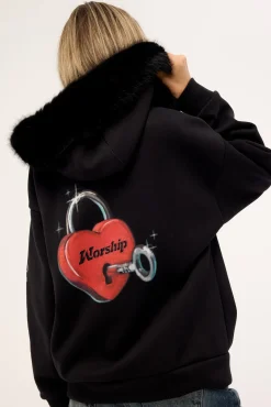 Padlock Zip Front Hood Black Fur