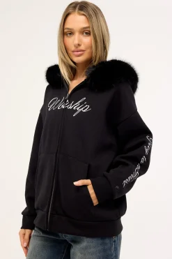 Padlock Zip Front Hood Black Fur