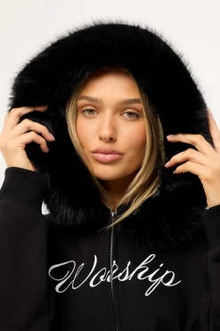 Padlock Zip Front Hood Black Fur