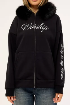 Padlock Zip Front Hood Black Fur
