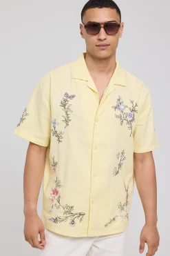 Paradise Embroidered Resort Shirt Butter Yellow