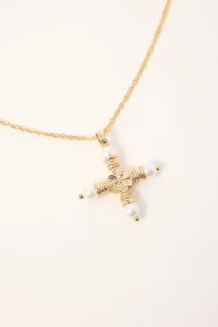Pearl Cross Necklace Gold