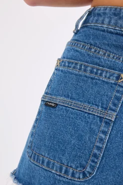 Penny Kick Flare Denim Shorts Middy Blue