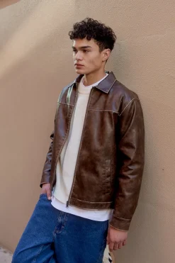 Pilot Recycled PU Leather Jacket Washed Brown