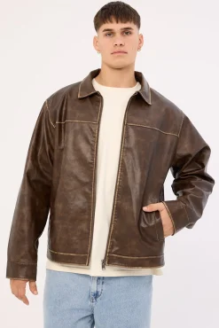 Pilot Recycled PU Leather Jacket Washed Brown