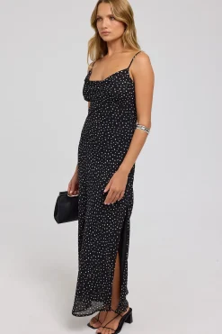 Polka Dream Chiffon Maxi Dress Black Print