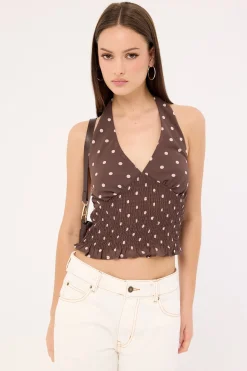 Polka Wish Halter Top Brown