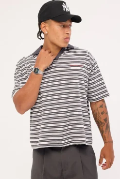 Porto Boxy Cropped Polo Dark Grey Stripe