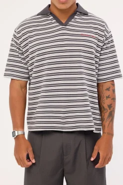 Porto Boxy Cropped Polo Dark Grey Stripe