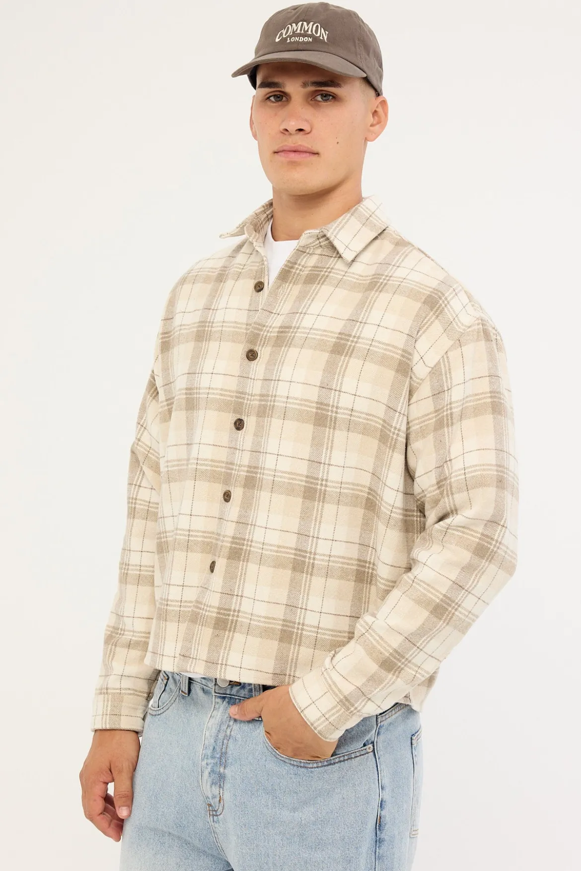 Preston Cropped Flannel Overshirt Off White