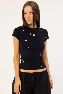 Puncture Eyelet Baby Tee Black