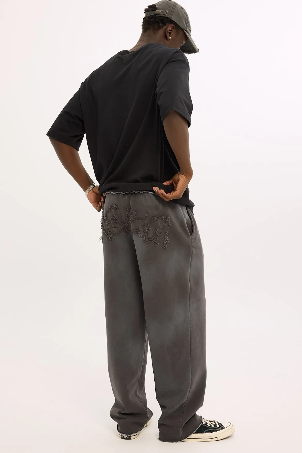 Radical Distressed Logo Baggy Sweatpant Washed Black