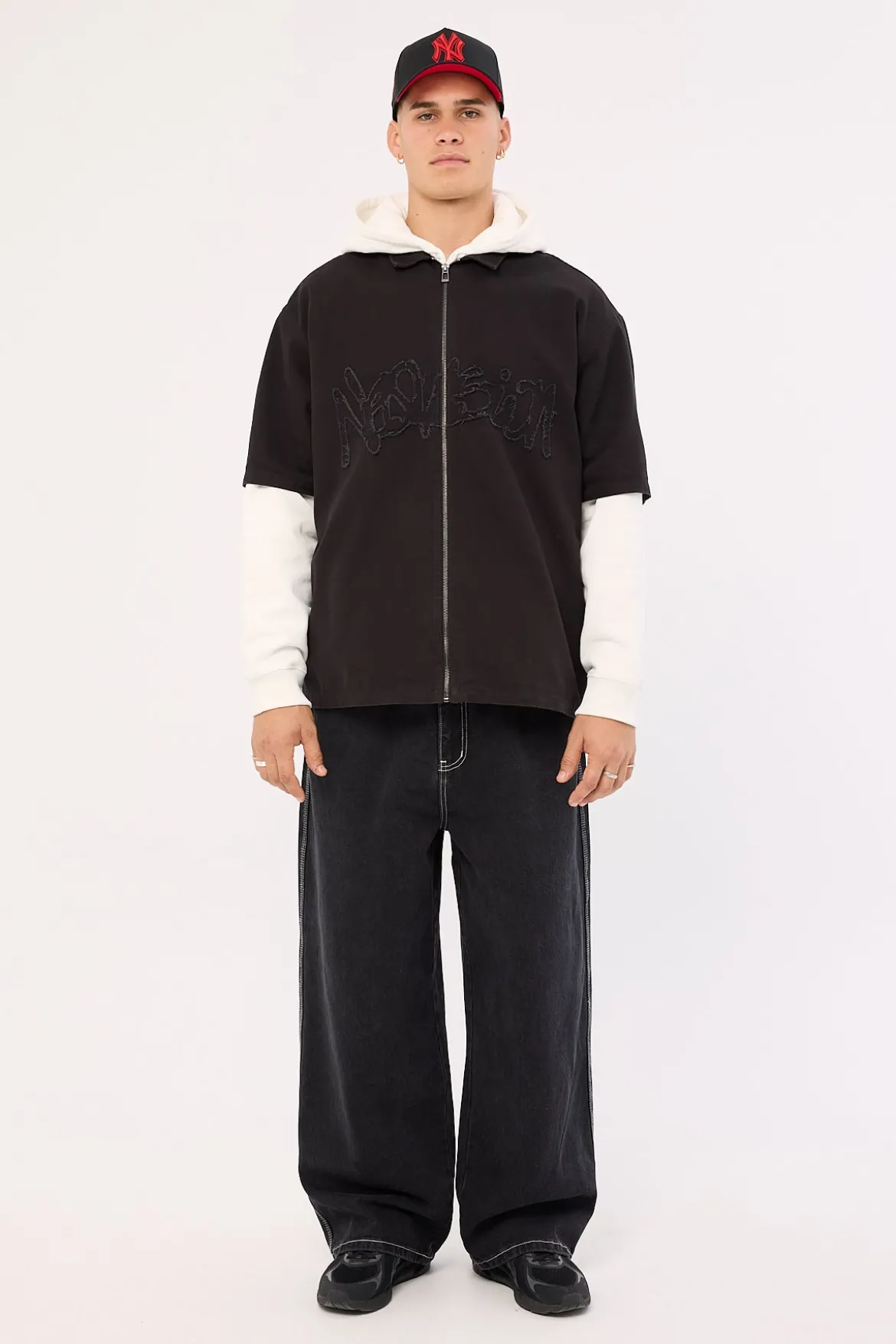 Radical Distressed Zip Through Shirt Washed Black