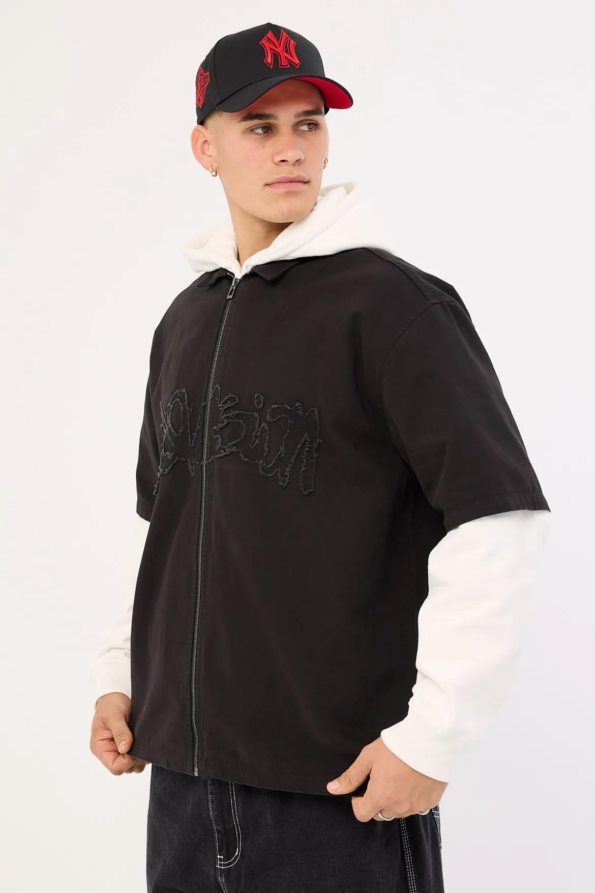 Radical Distressed Zip Through Shirt Washed Black