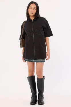 Radical Distressed Zip Through Shirt Washed Black