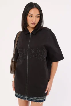 Radical Distressed Zip Through Shirt Washed Black