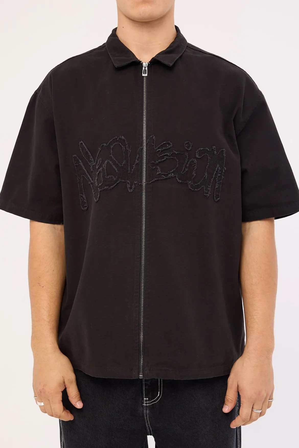 Radical Distressed Zip Through Shirt Washed Black