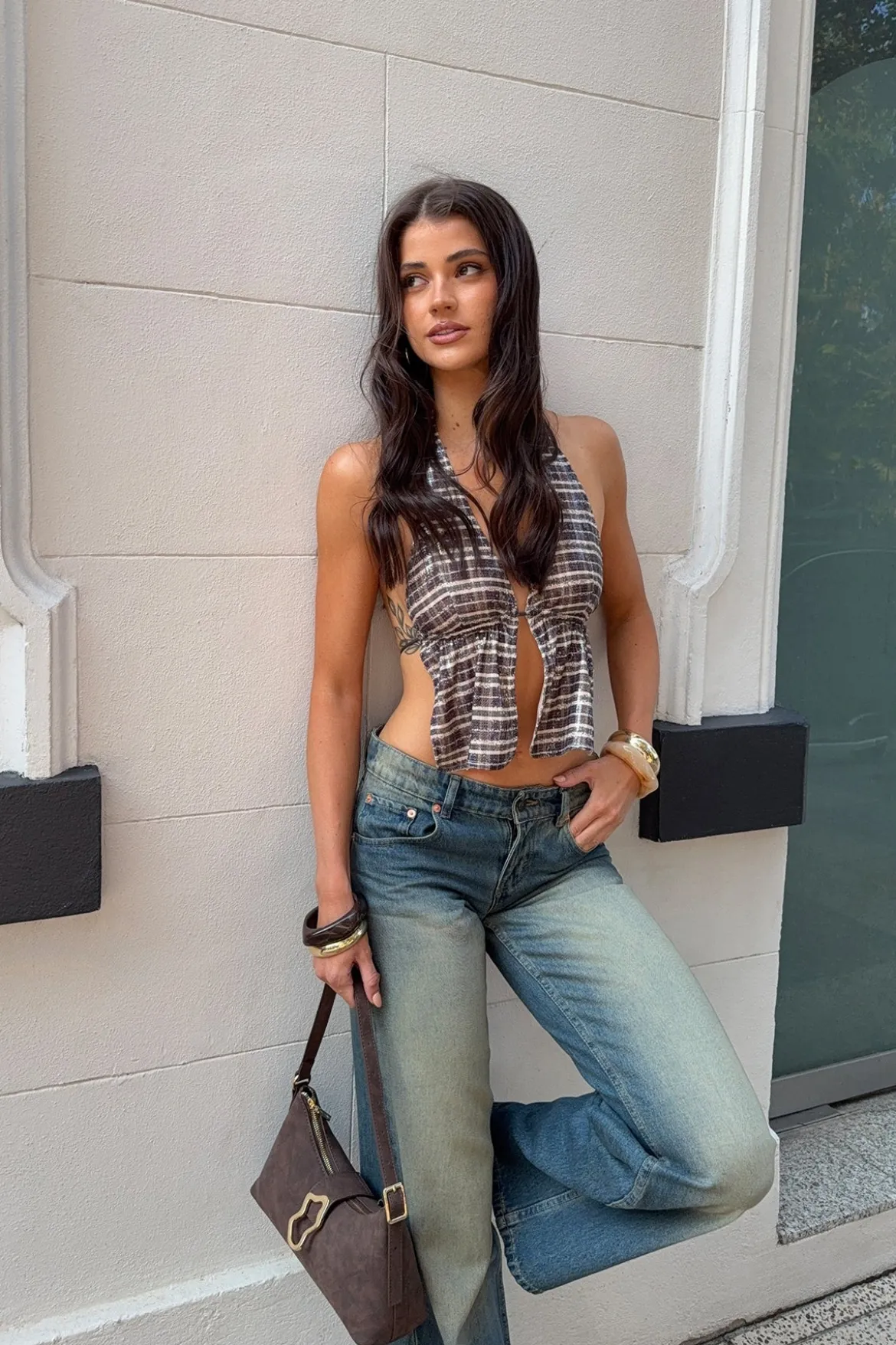 Ramilo Top Sequin Vintage Check Brown