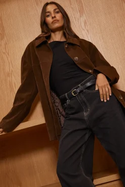 Raven PU Suede Long Line Jacket Brown
