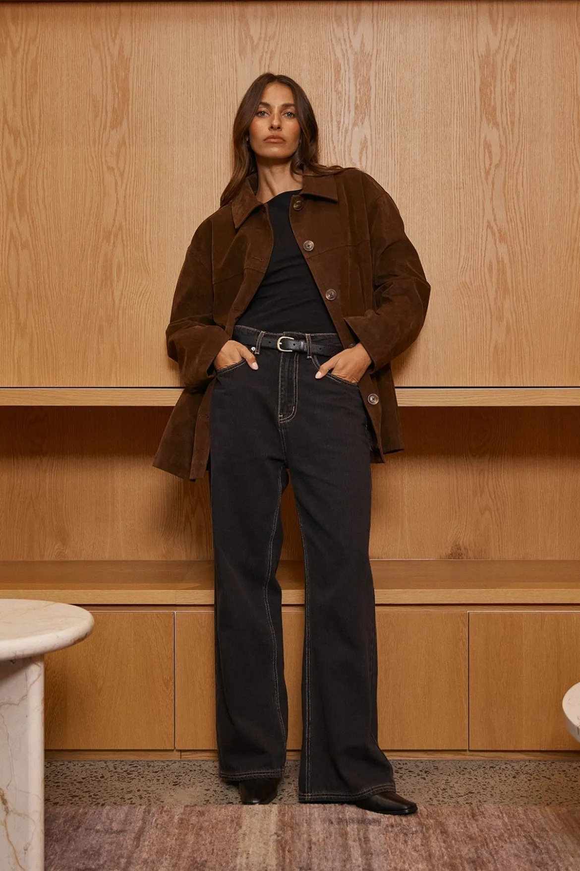 Raven PU Suede Long Line Jacket Brown