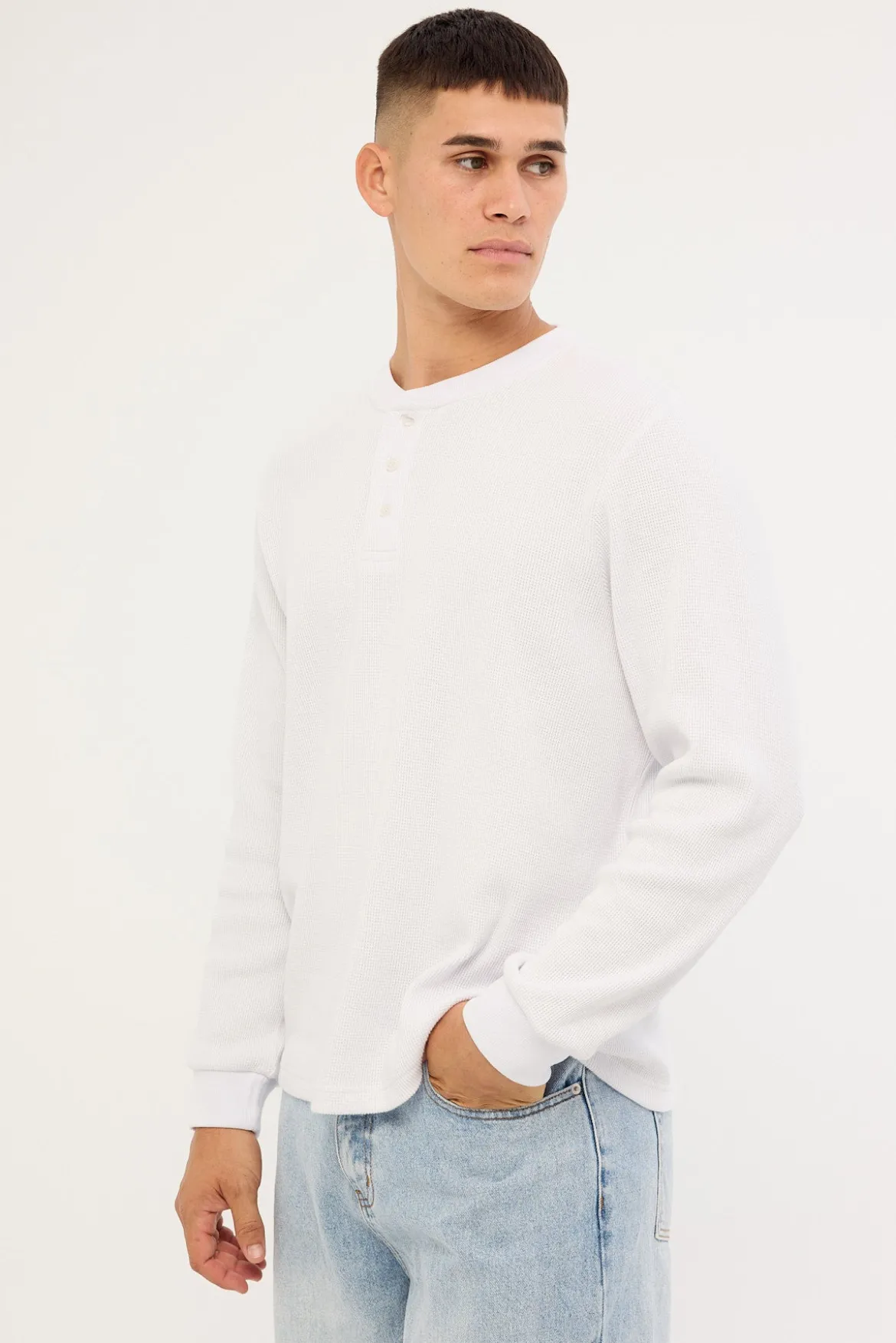 Raymond Waffle Long Sleeve Henley Tee White