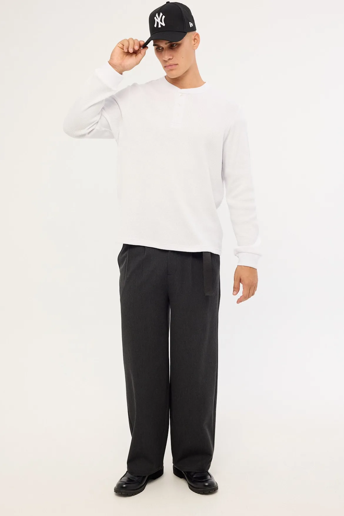 Raymond Waffle Long Sleeve Henley Tee White
