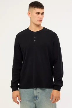 Raymond Waffle Long Sleeve Henley Tee Black