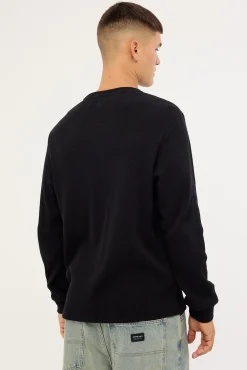 Raymond Waffle Long Sleeve Henley Tee Black