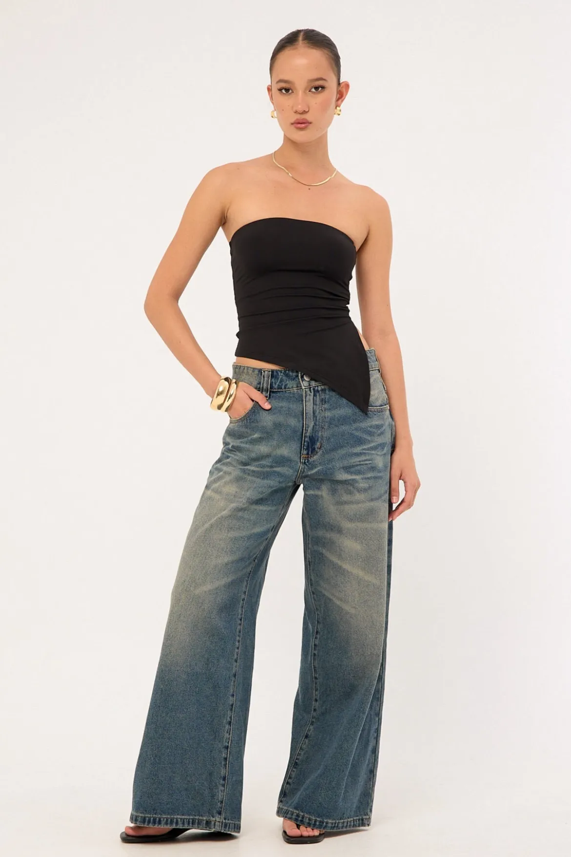 Recycled Strapless Asymmetrical Top Black