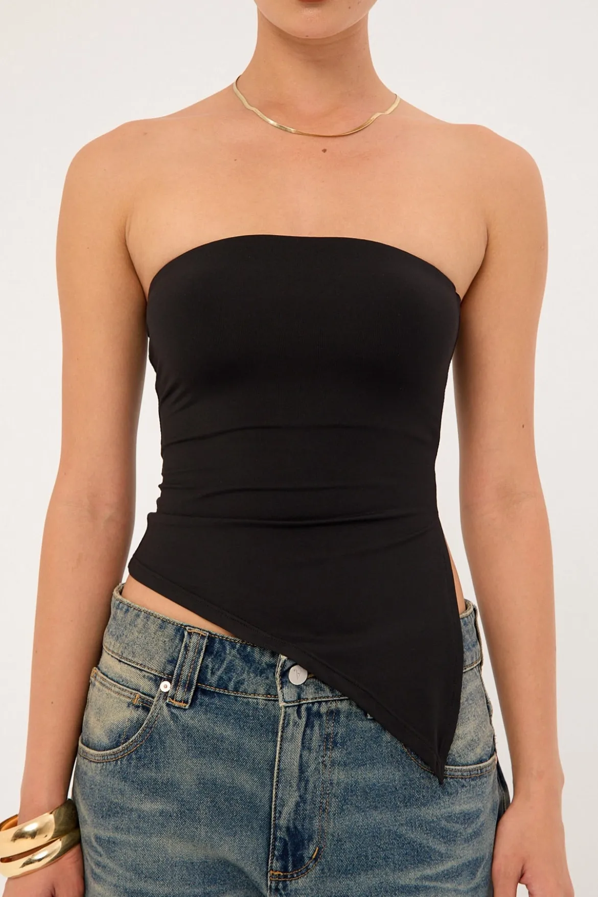 Recycled Strapless Asymmetrical Top Black