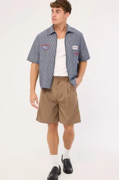 RevWorks Zip Through Boxy Cropped Shirt Navy Stripe