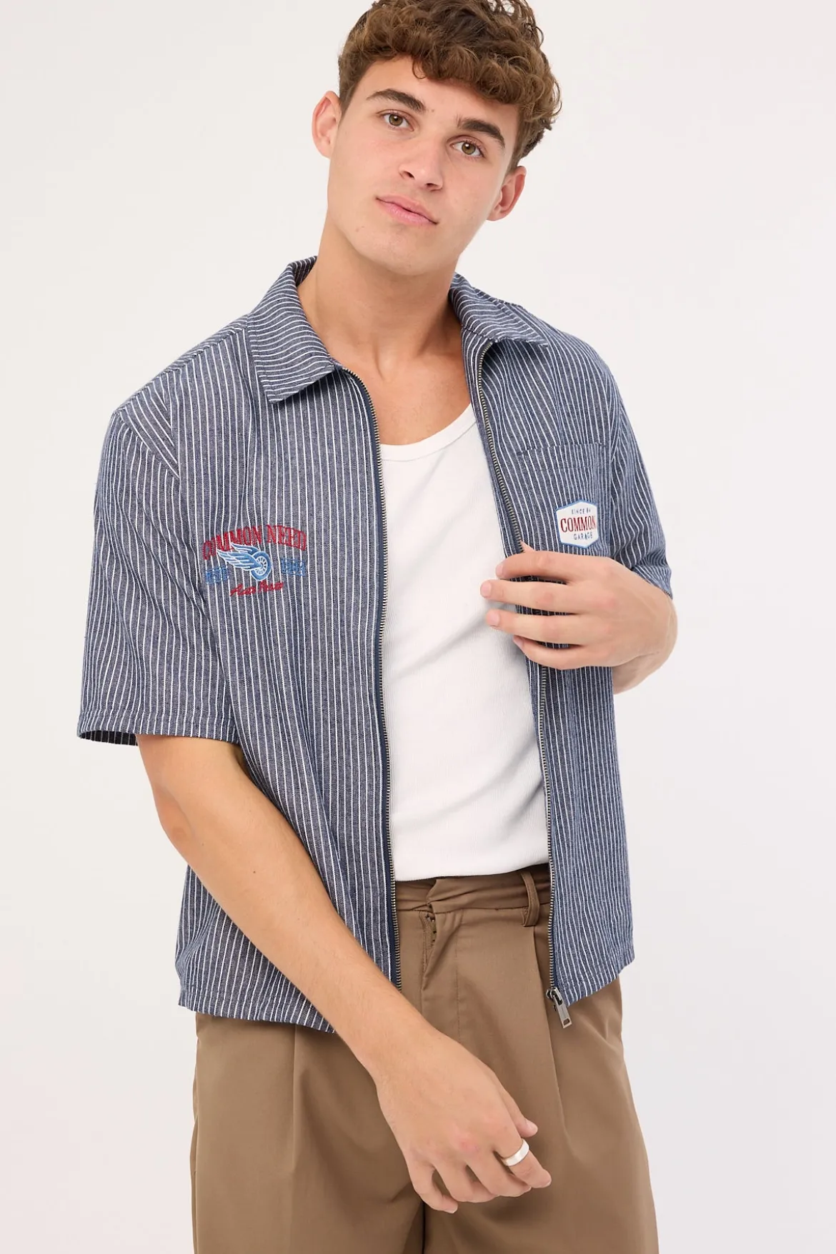 RevWorks Zip Through Boxy Cropped Shirt Navy Stripe