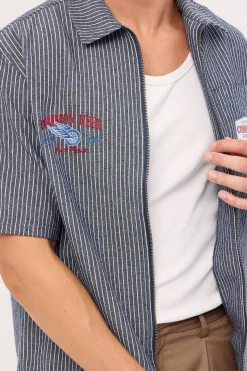 RevWorks Zip Through Boxy Cropped Shirt Navy Stripe