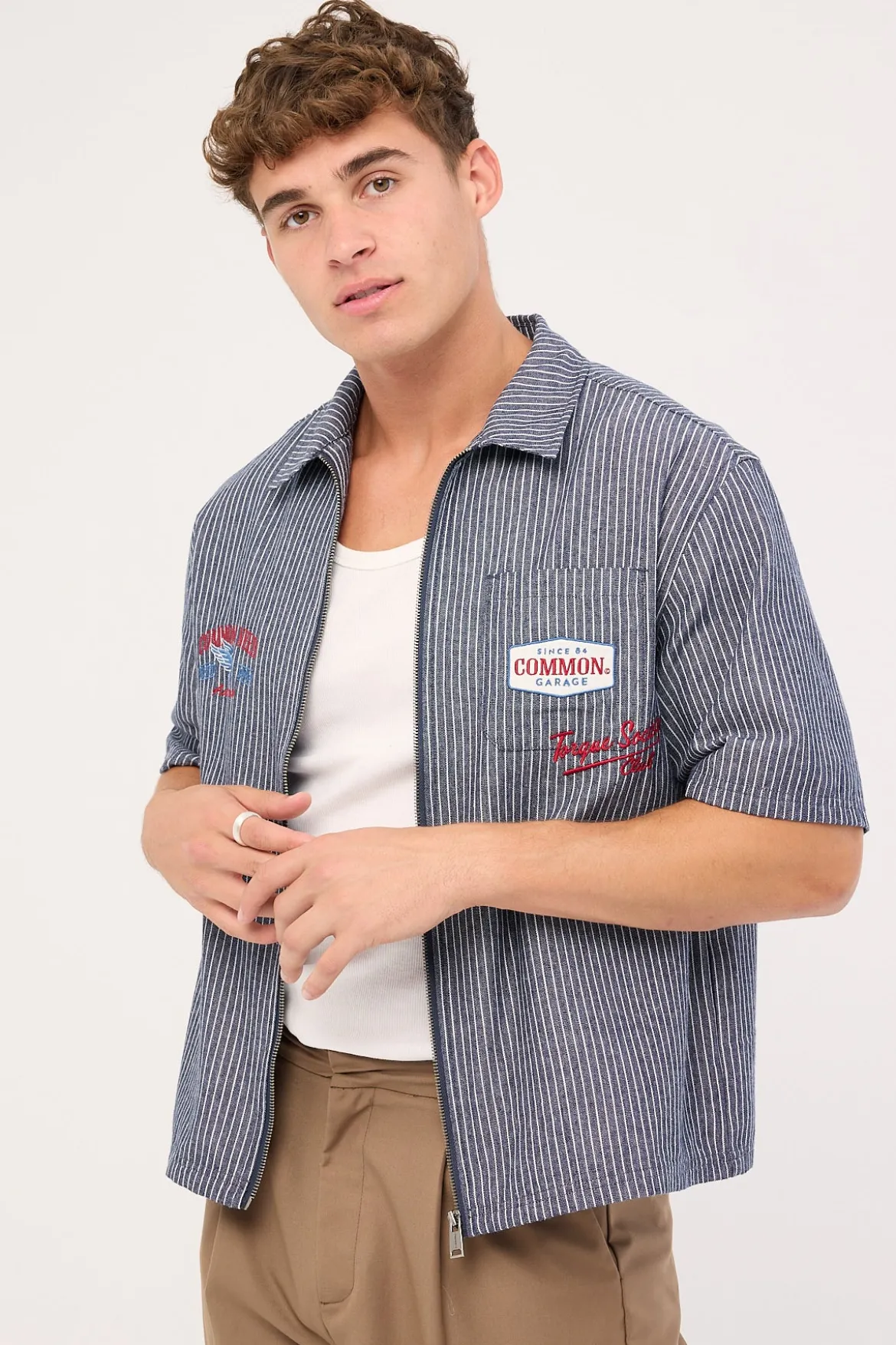 RevWorks Zip Through Boxy Cropped Shirt Navy Stripe
