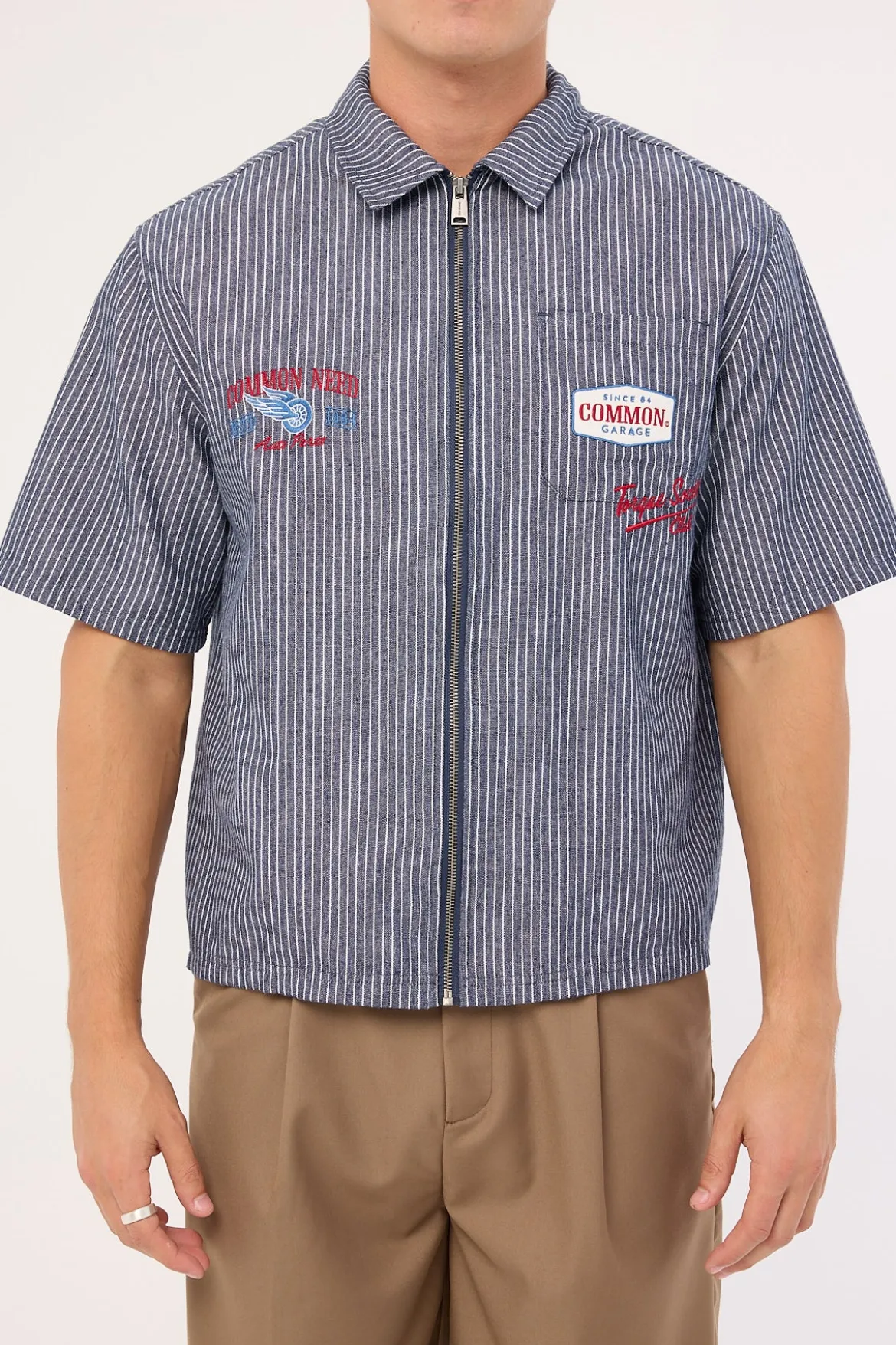 RevWorks Zip Through Boxy Cropped Shirt Navy Stripe