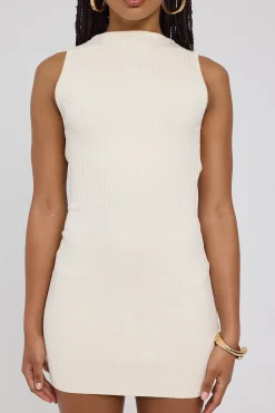 Rib High Neck Open Back Knit Mini Dress Cream