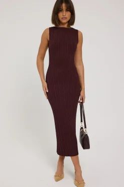 Rib High Neck Open Back Knit Midi Dress Brown